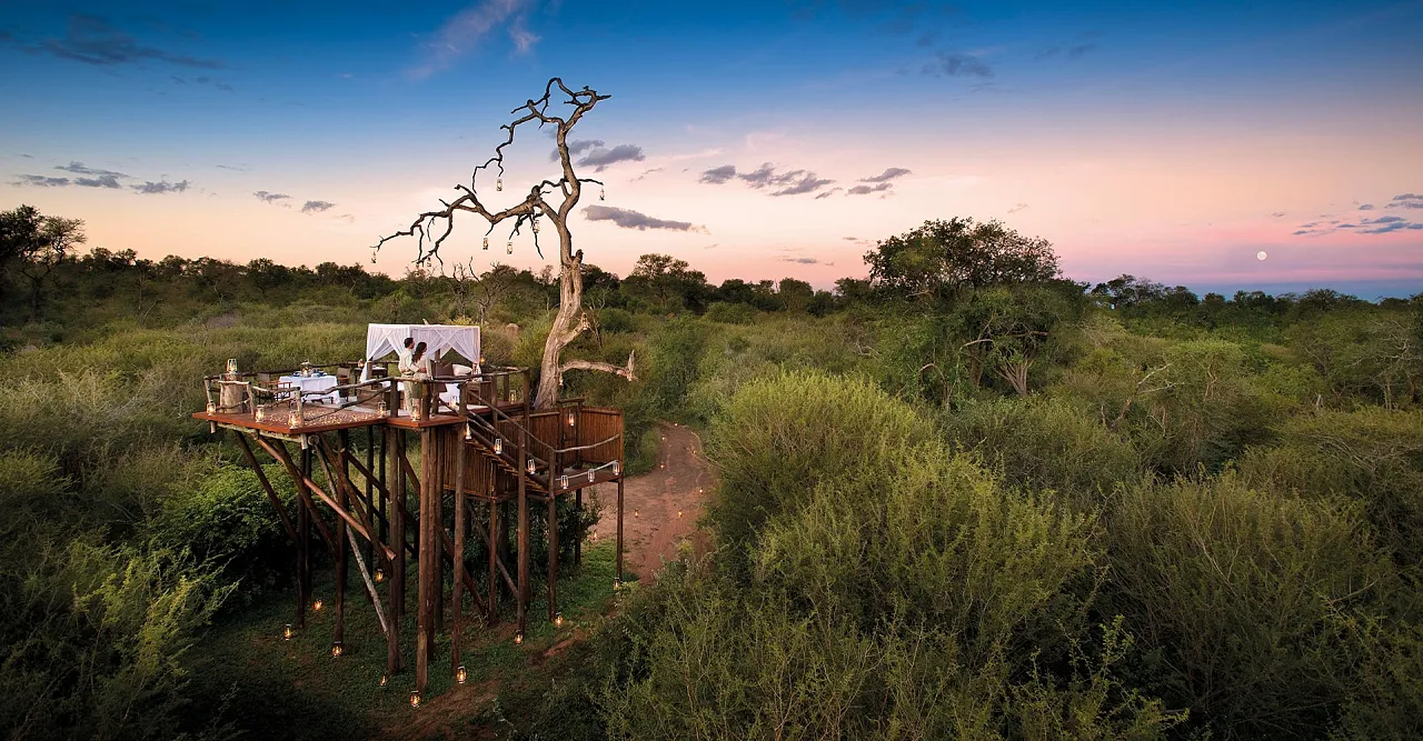 Lantern-lit treehouse sleep-out deck in the bushveld at dusk